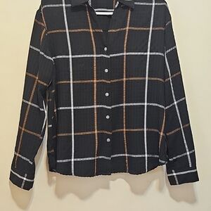 Jane and Delancey Black Windowpane Button-Up Blouse Black, Brown & White Plaid